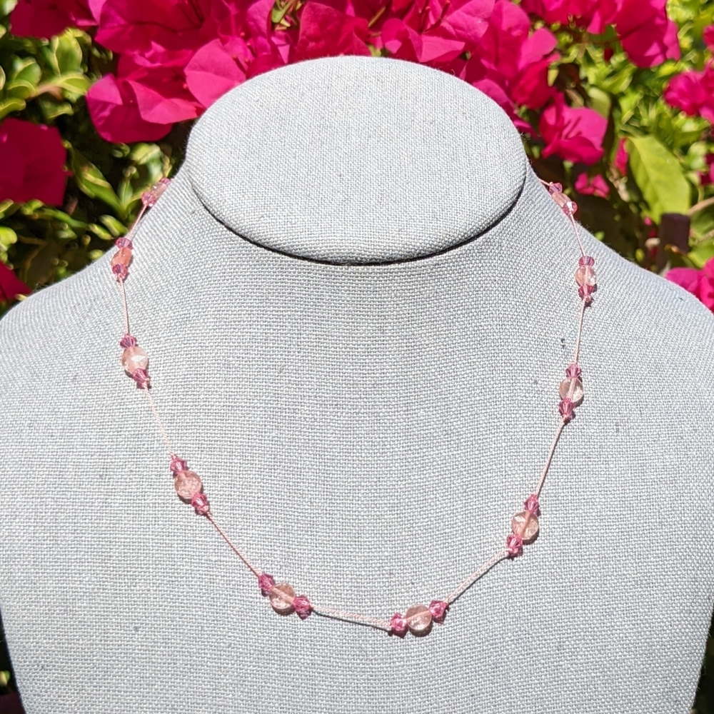 Necklace with Strawberry Quartz and Rose Pink Swarovski Crystals on Silk Cord